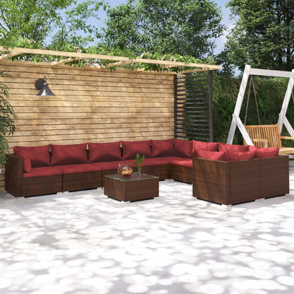 Set Divani da Giardino 10 pz con Cuscini in Polyrattan Marrone