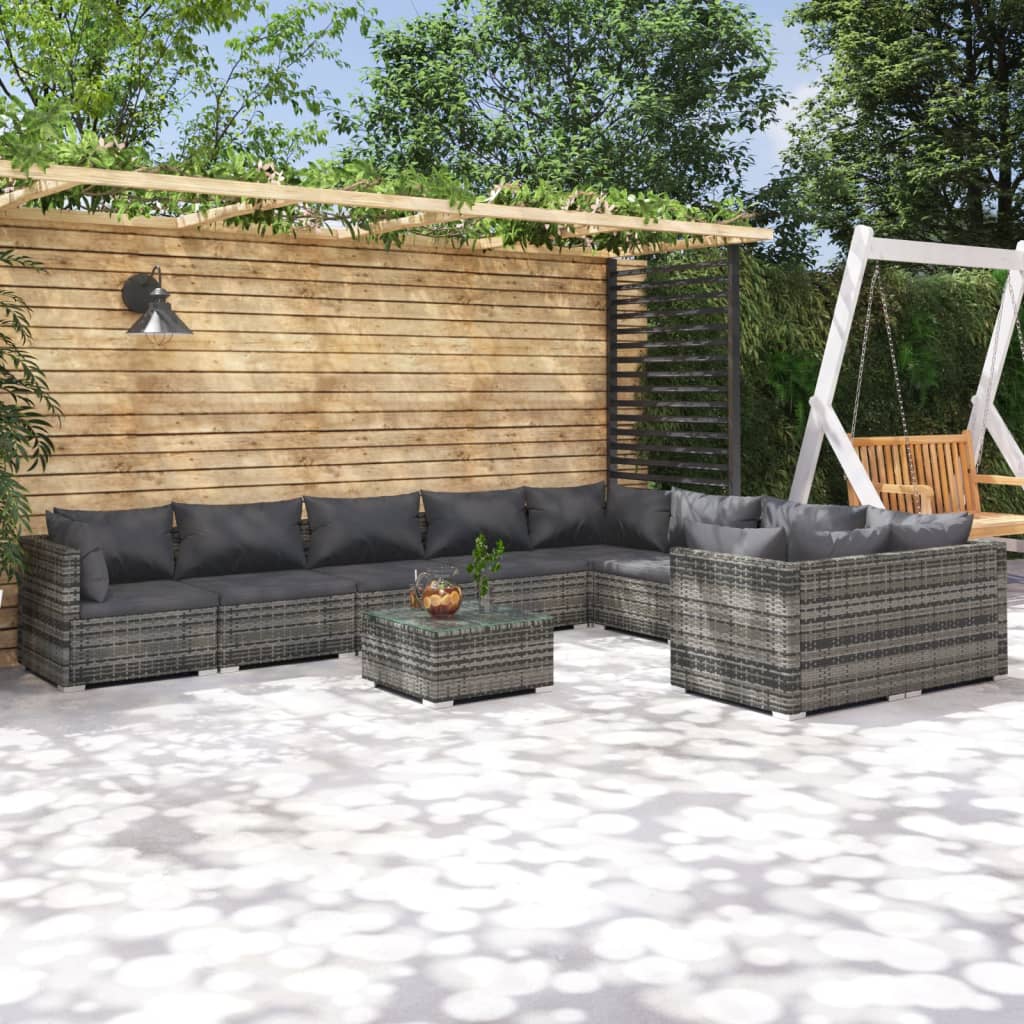 Set Divani da Giardino 10 pz con Cuscini in Polyrattan Grigio