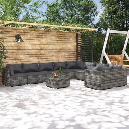 Set Divani da Giardino 10 pz con Cuscini in Polyrattan Grigio