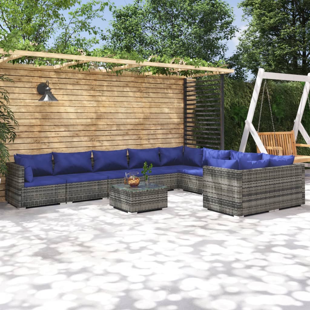 Set Divani da Giardino 10 pz con Cuscini in Polyrattan Grigio