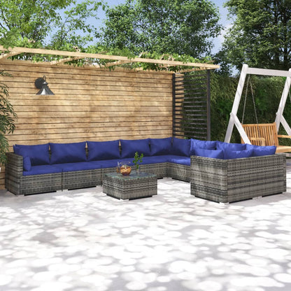 Set Divani da Giardino 10 pz con Cuscini in Polyrattan Grigio
