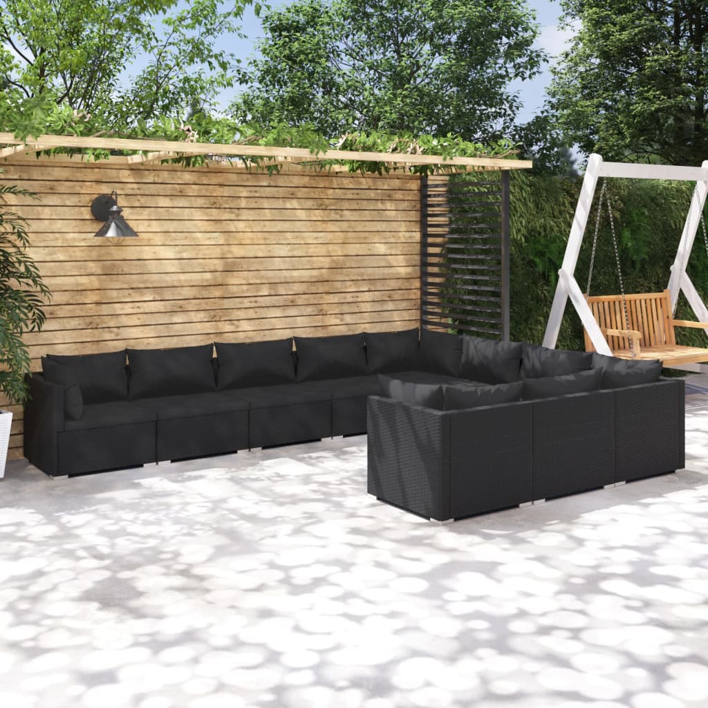 Set Divani da Giardino 10 pz con Cuscini in Polyrattan Nero