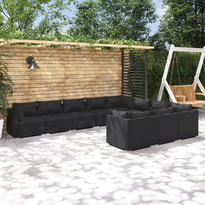 Set Divani da Giardino 10 pz con Cuscini in Polyrattan Nero