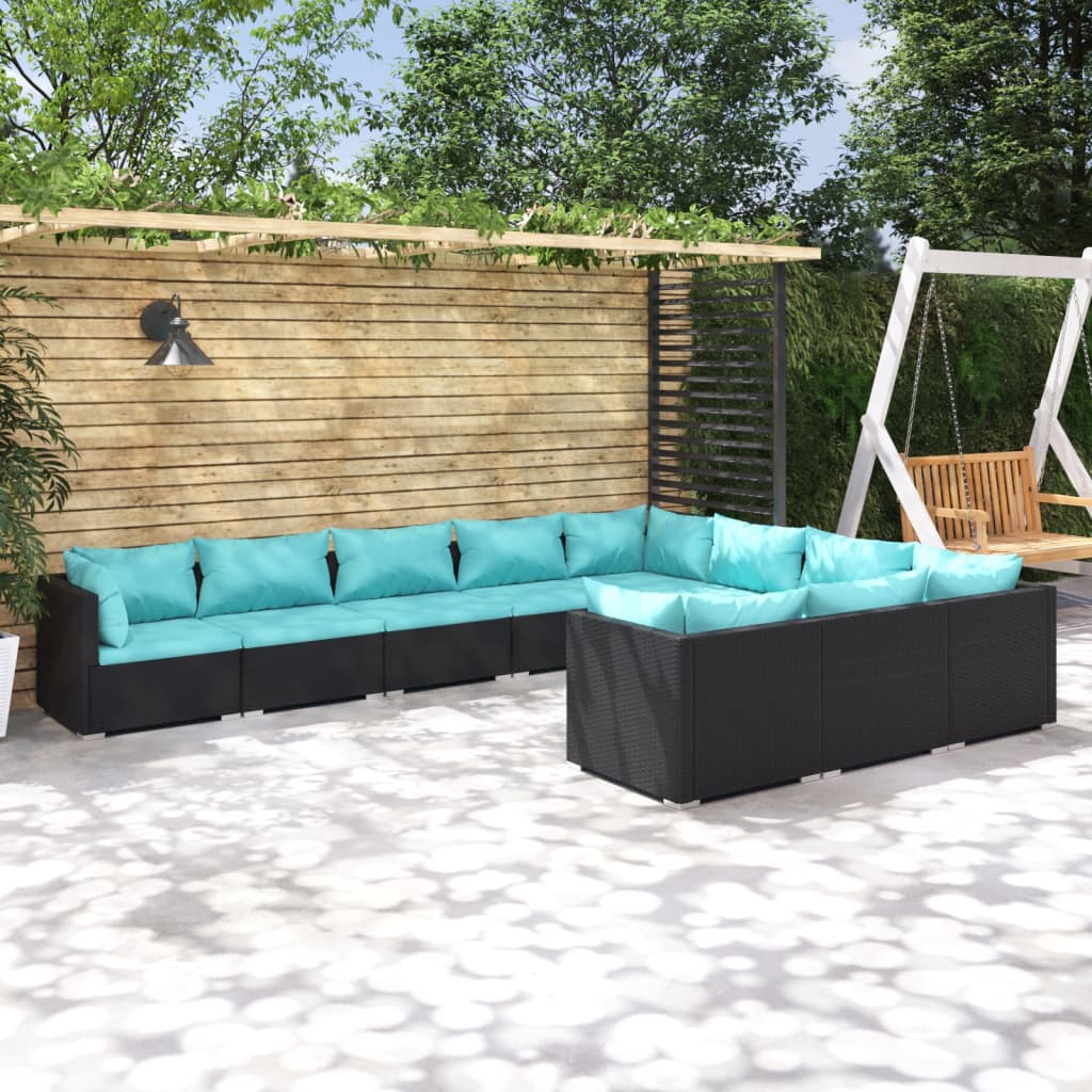 Set Divani da Giardino 10 pz con Cuscini in Polyrattan Nero