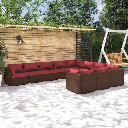 Set Divani da Giardino 10 pz con Cuscini in Polyrattan Marrone