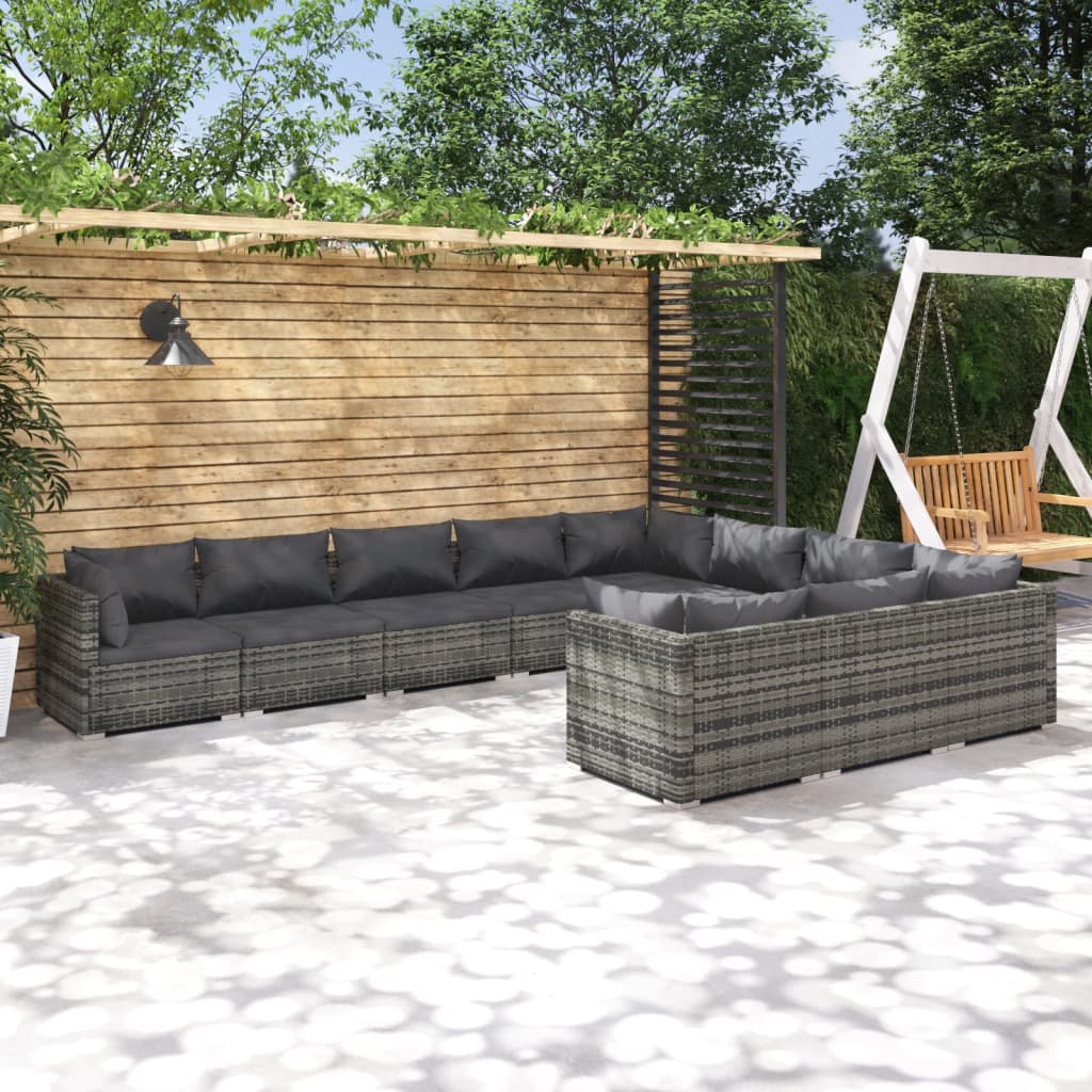 Set Divani da Giardino 10 pz con Cuscini in Polyrattan Grigio