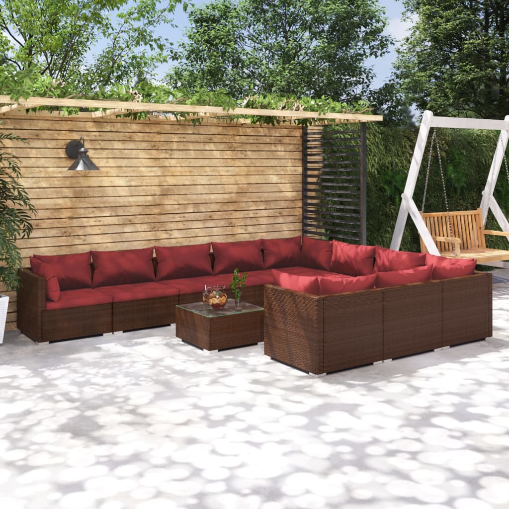 Set Divani da Giardino 11 pz con Cuscini in Polyrattan Marrone