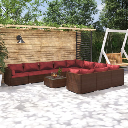 Set Divani da Giardino 11 pz con Cuscini in Polyrattan Marrone