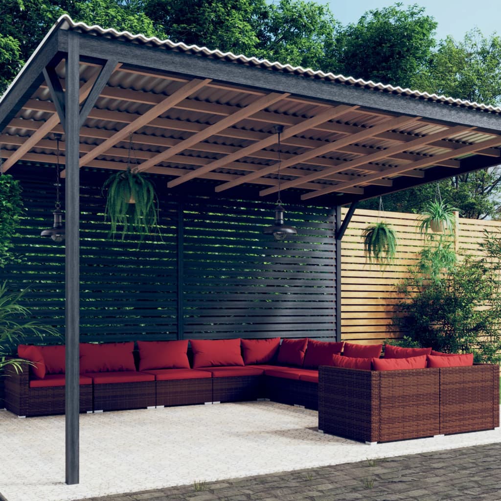 Set Divani da Giardino 10 pz con Cuscini in Polyrattan Marrone