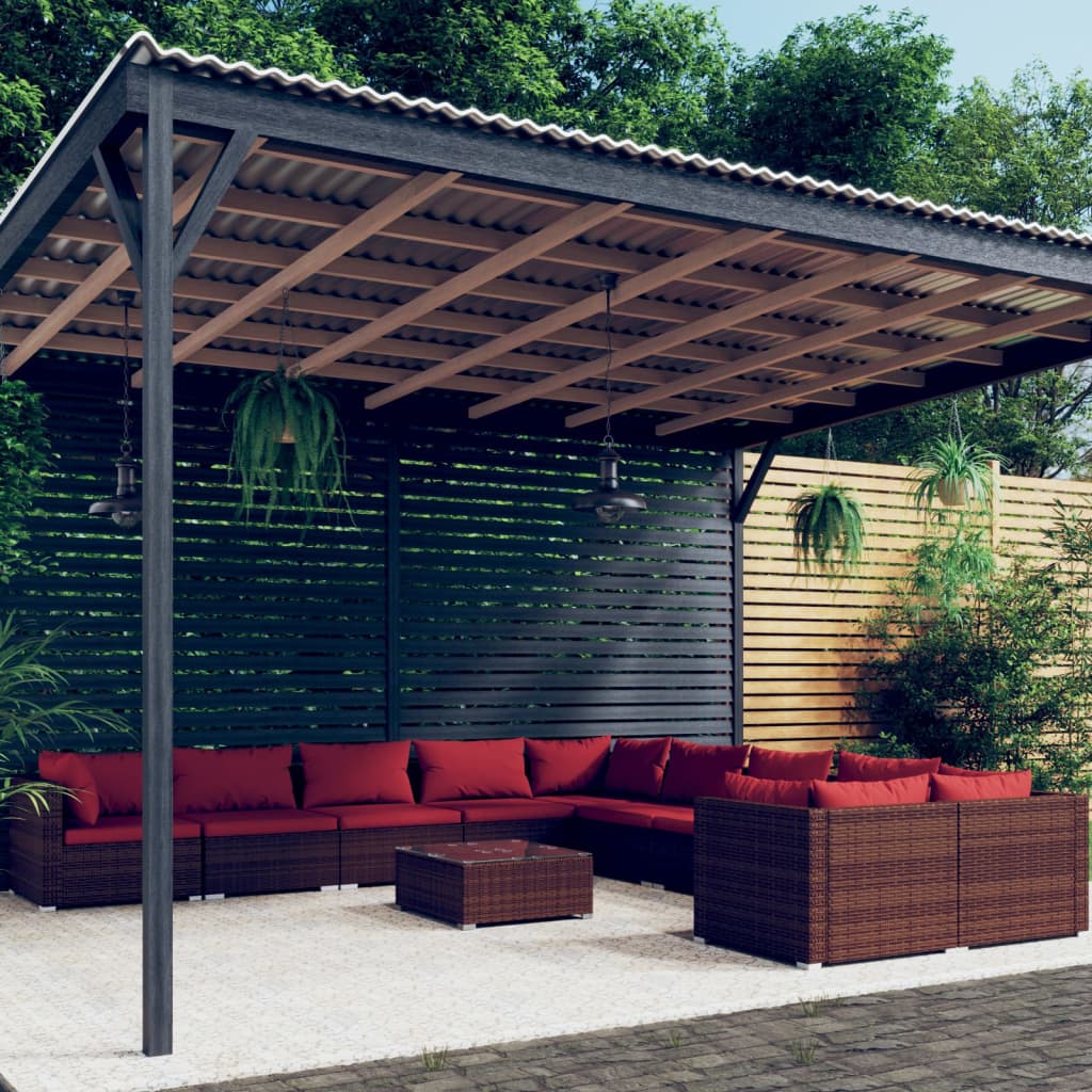 Set Divani da Giardino 11 pz con Cuscini in Polyrattan Marrone