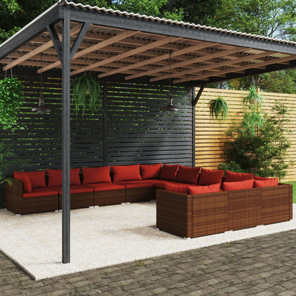 Set Divani da Giardino 11 pz con Cuscini in Polyrattan Marrone