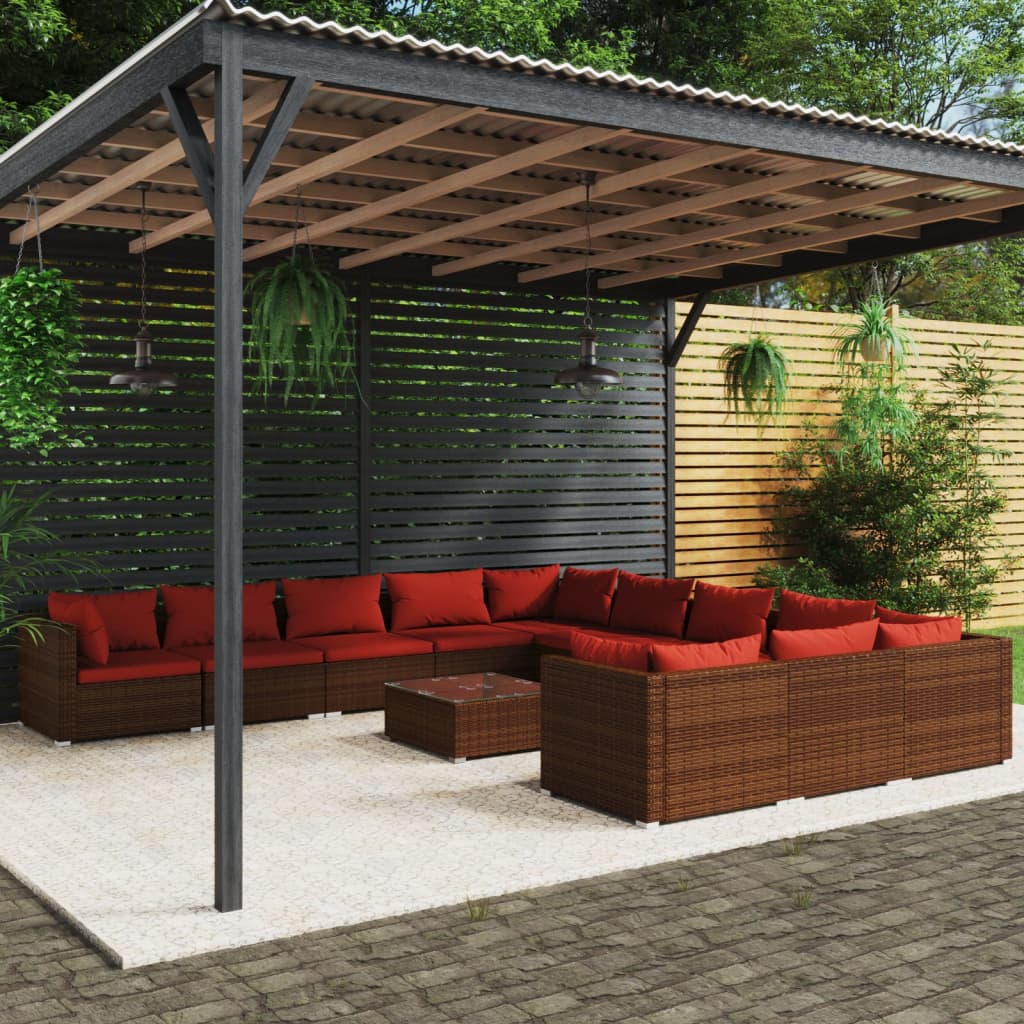 Set Divani da Giardino 12 pz con Cuscini in Polyrattan Marrone