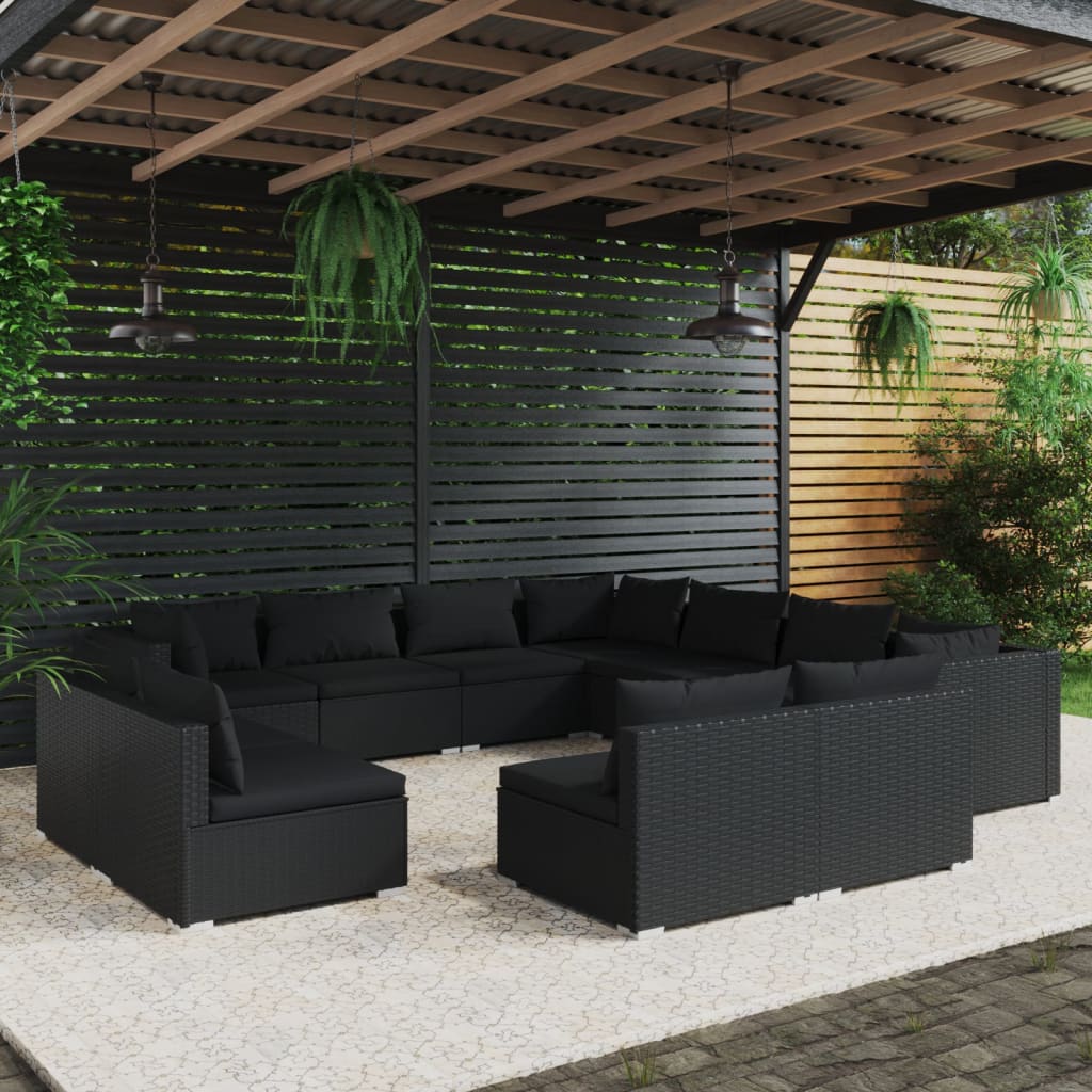 Set Divani da Giardino 11 pz con Cuscini in Polyrattan Nero