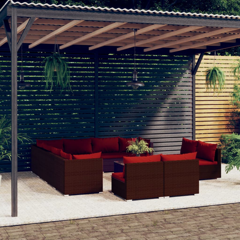 Set Divani da Giardino 12 pz con Cuscini in Polyrattan Marrone