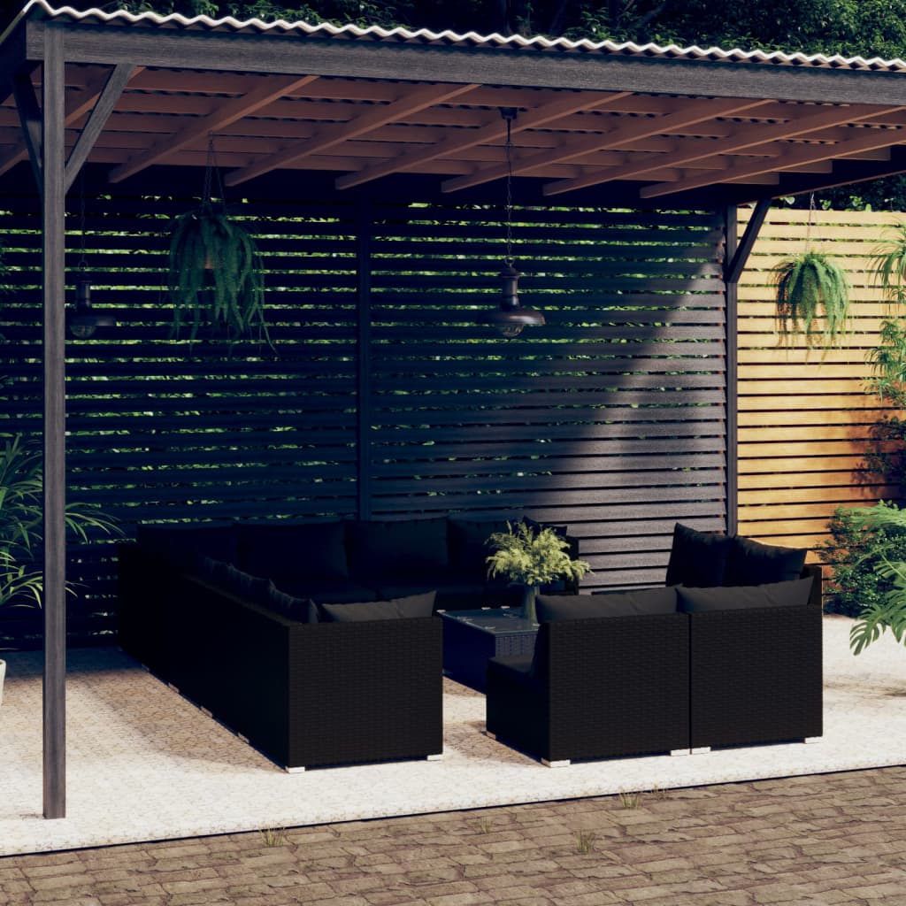 Set Divani da Giardino 13 pz con Cuscini in Polyrattan Nero