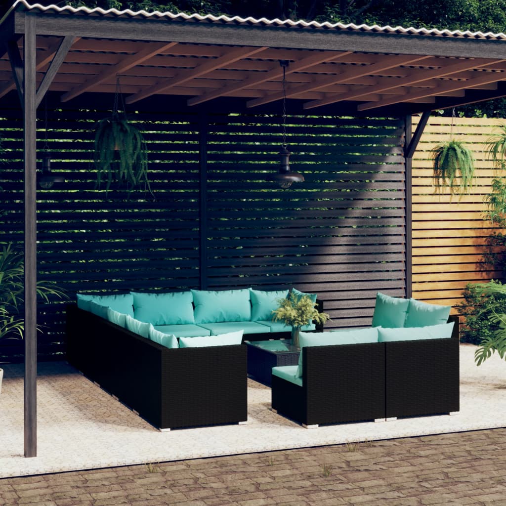 Set Divani da Giardino 13 pz con Cuscini in Polyrattan Nero