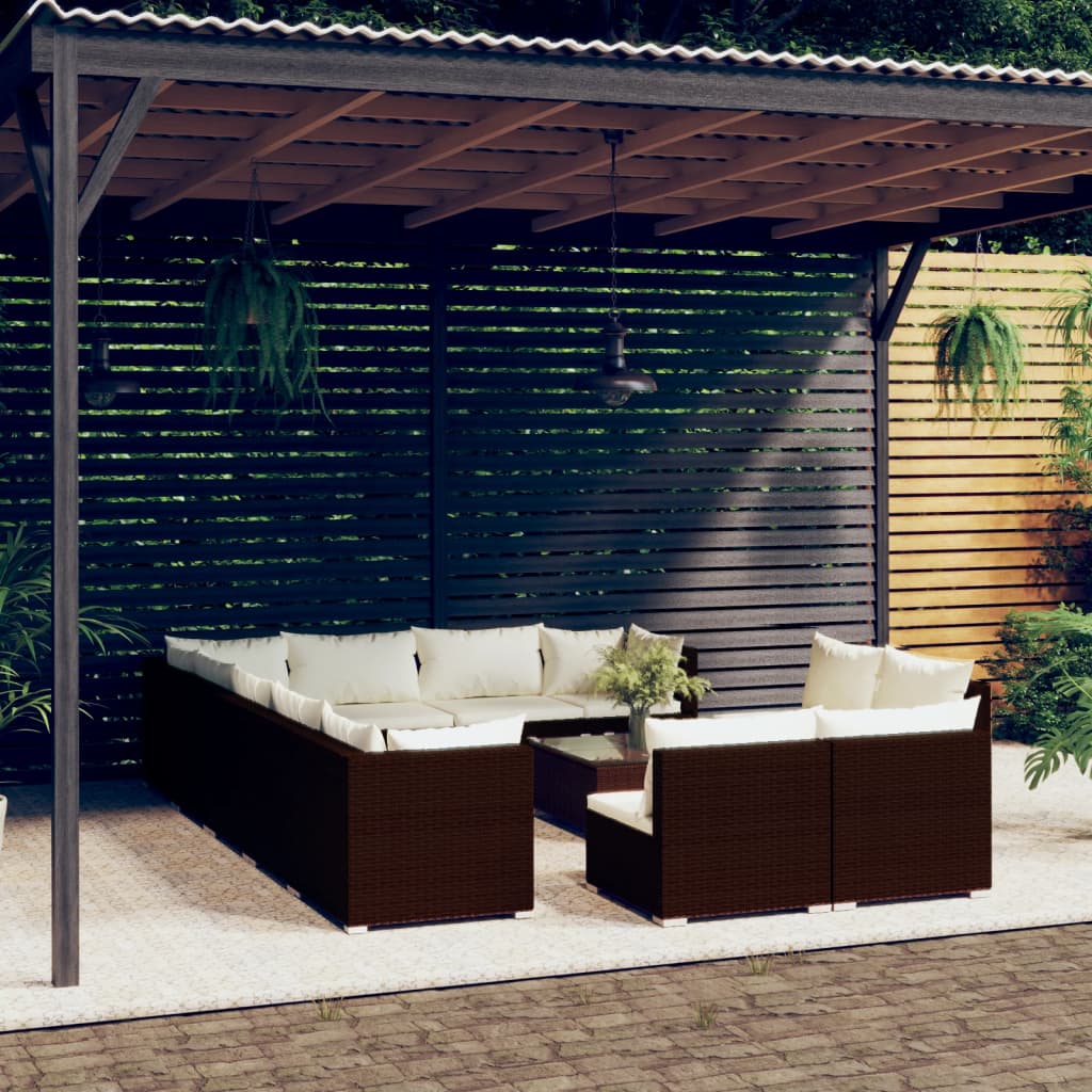 Set Divani da Giardino 13 pz con Cuscini in Polyrattan Marrone