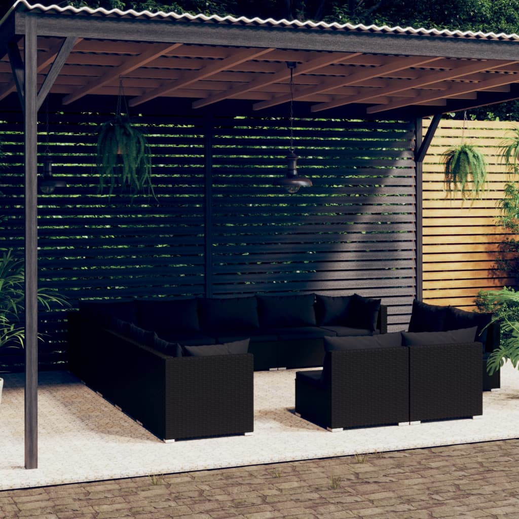 Set Divani da Giardino 13 pz con Cuscini in Polyrattan Nero