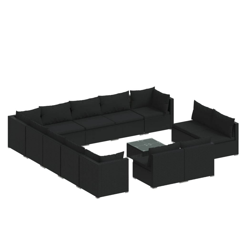 Set Mobili da Giardino 14 pz con Cuscini in Polyrattan Nero