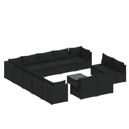 Set Mobili da Giardino 14 pz con Cuscini in Polyrattan Nero