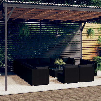 Set Mobili da Giardino 14 pz con Cuscini in Polyrattan Nero