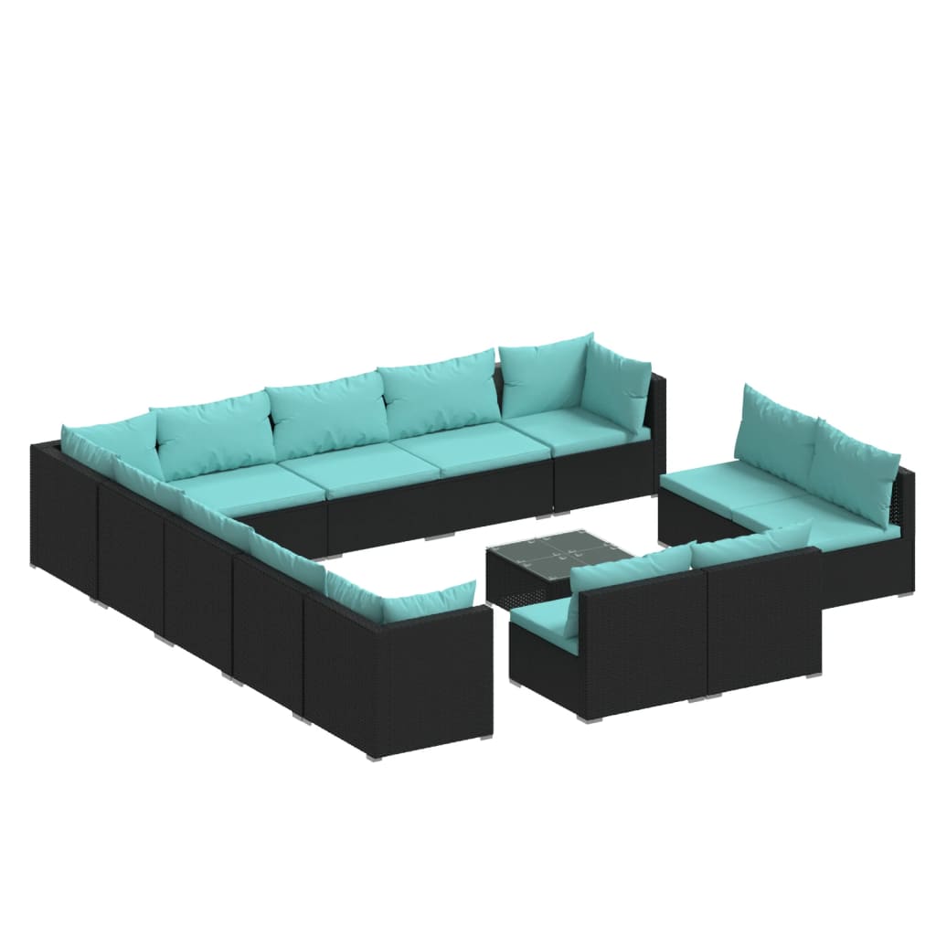 Set Divani da Giardino 14 pz con Cuscini in Polyrattan Nero