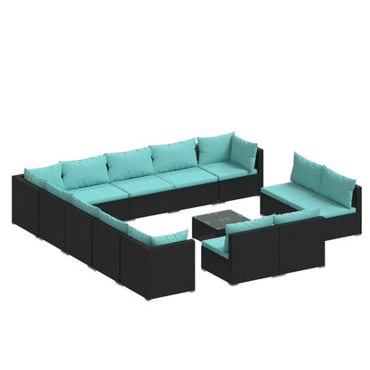 Set Divani da Giardino 14 pz con Cuscini in Polyrattan Nero