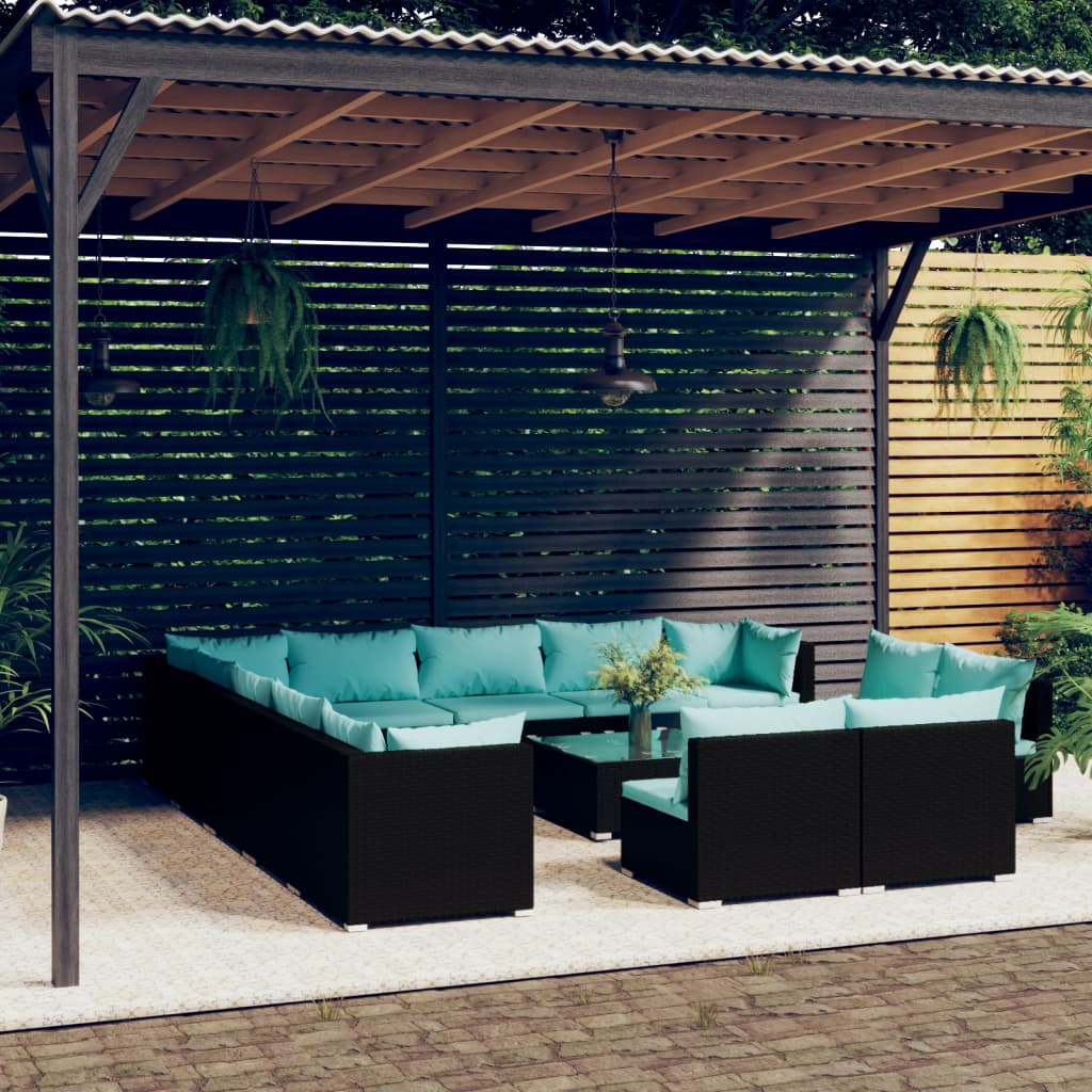 Set Divani da Giardino 14 pz con Cuscini in Polyrattan Nero