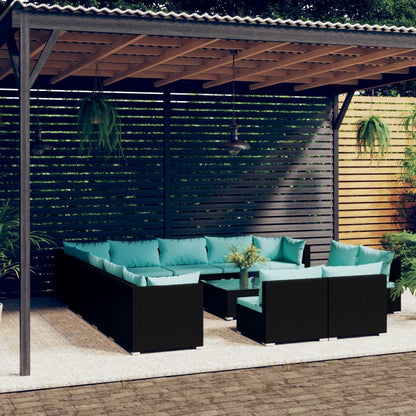 Set Divani da Giardino 14 pz con Cuscini in Polyrattan Nero