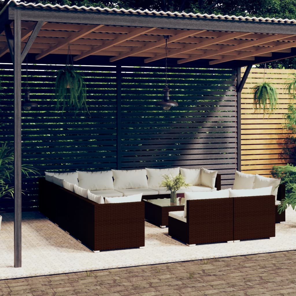 Set Divani da Giardino 14 pz con Cuscini in Polyrattan Marrone