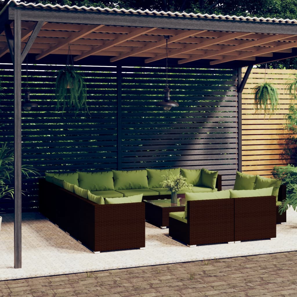 Set Divani da Giardino 14 pz con Cuscini in Polyrattan Marrone