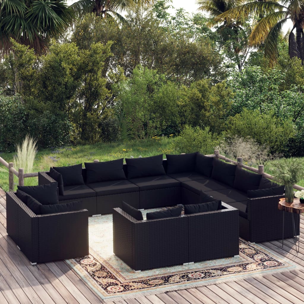 Set Divani da Giardino 11 pz con Cuscini in Polyrattan Nero