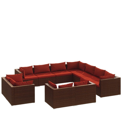 Set Divani da Giardino 11 pz con Cuscini in Polyrattan Marrone