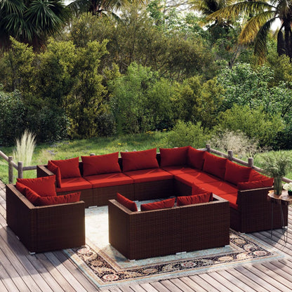 Set Divani da Giardino 11 pz con Cuscini in Polyrattan Marrone