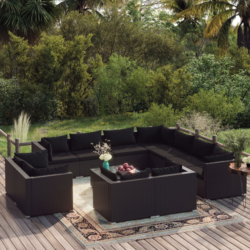 Set Divani da Giardino 12 pz con Cuscini in Polyrattan Nero