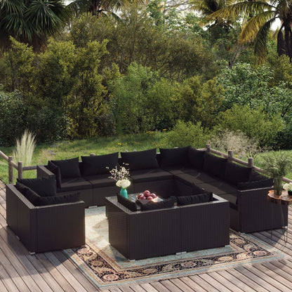 Set Divani da Giardino 12 pz con Cuscini in Polyrattan Nero