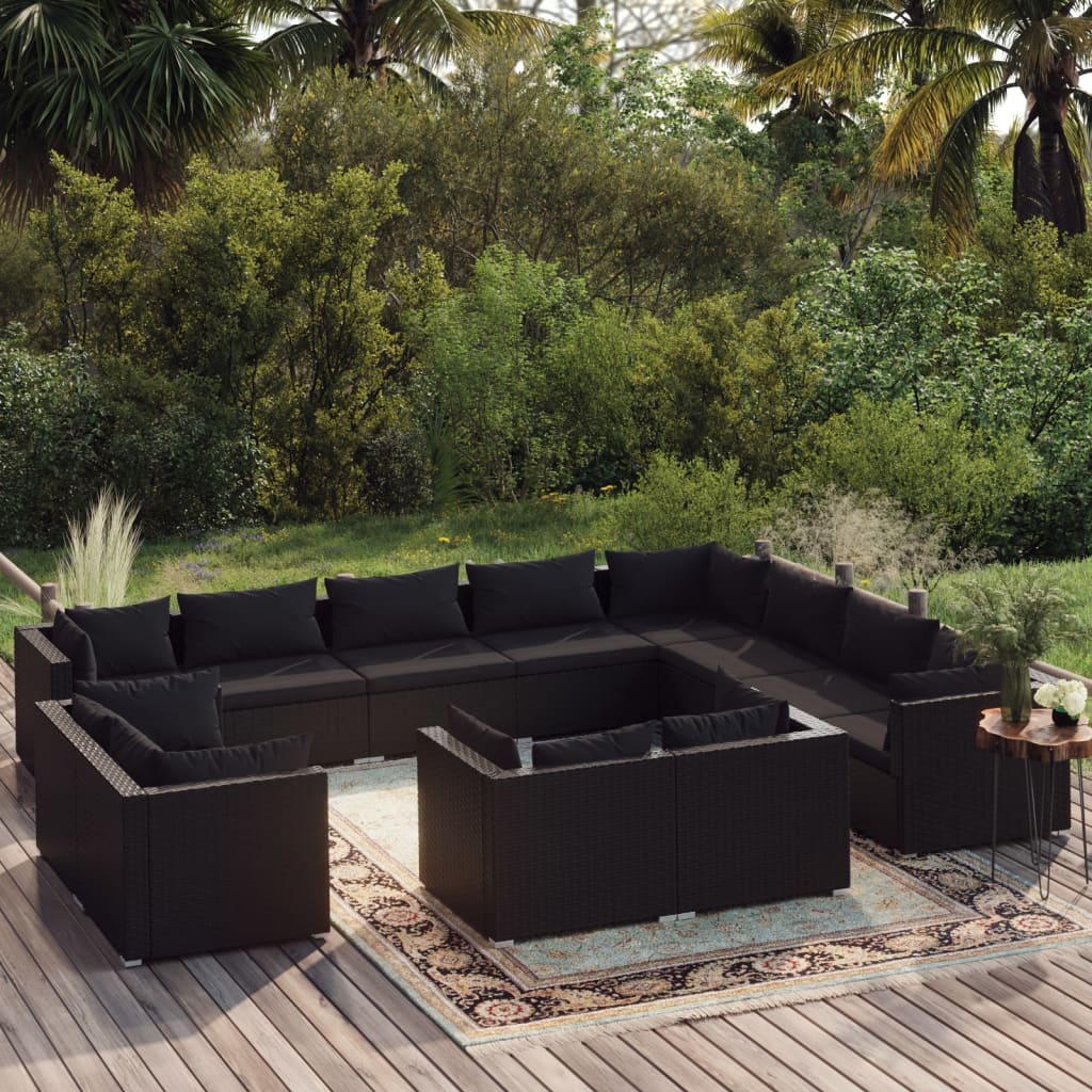 Set Divani da Giardino 12 pz con Cuscini in Polyrattan Nero