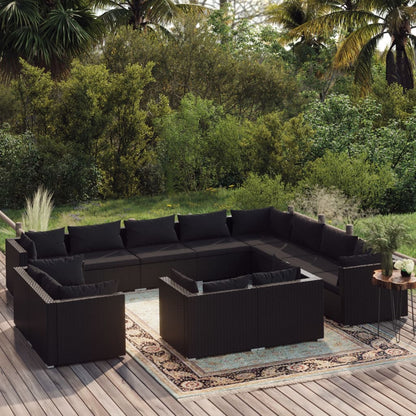 Set Divani da Giardino 12 pz con Cuscini in Polyrattan Nero