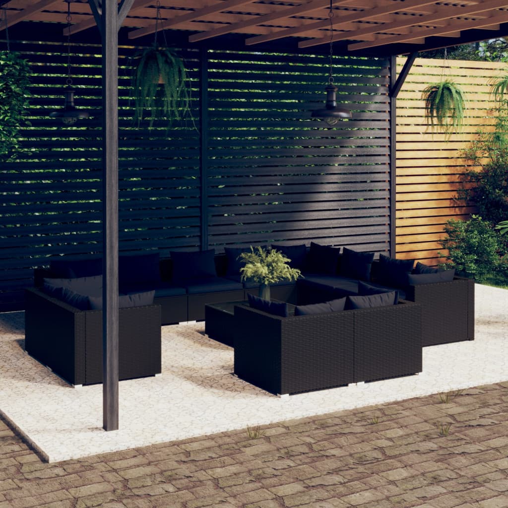 Set Divani da Giardino 13 pz con Cuscini in Polyrattan Nero