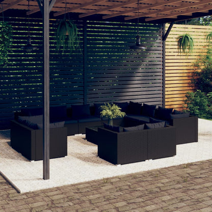 Set Divani da Giardino 13 pz con Cuscini in Polyrattan Nero