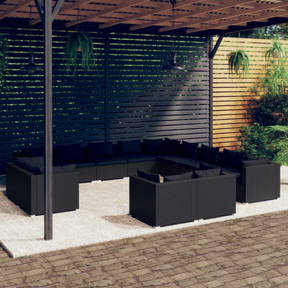 Set Divani da Giardino 13 pz con Cuscini in Polyrattan Nero