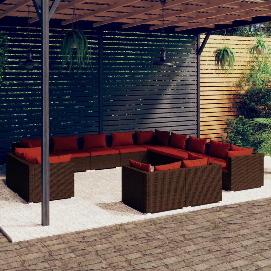 Set Divani da Giardino 13 pz con Cuscini in Polyrattan Marrone