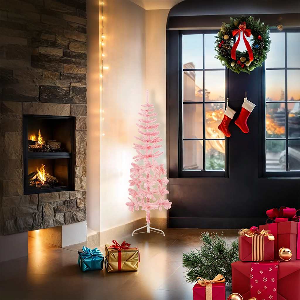 Albero Natale Artificiale Sottile a MetÃ  e Supporto Rosa 120 cm