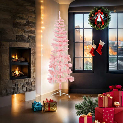 Albero Natale Artificiale Sottile a MetÃ  e Supporto Rosa 180 cm