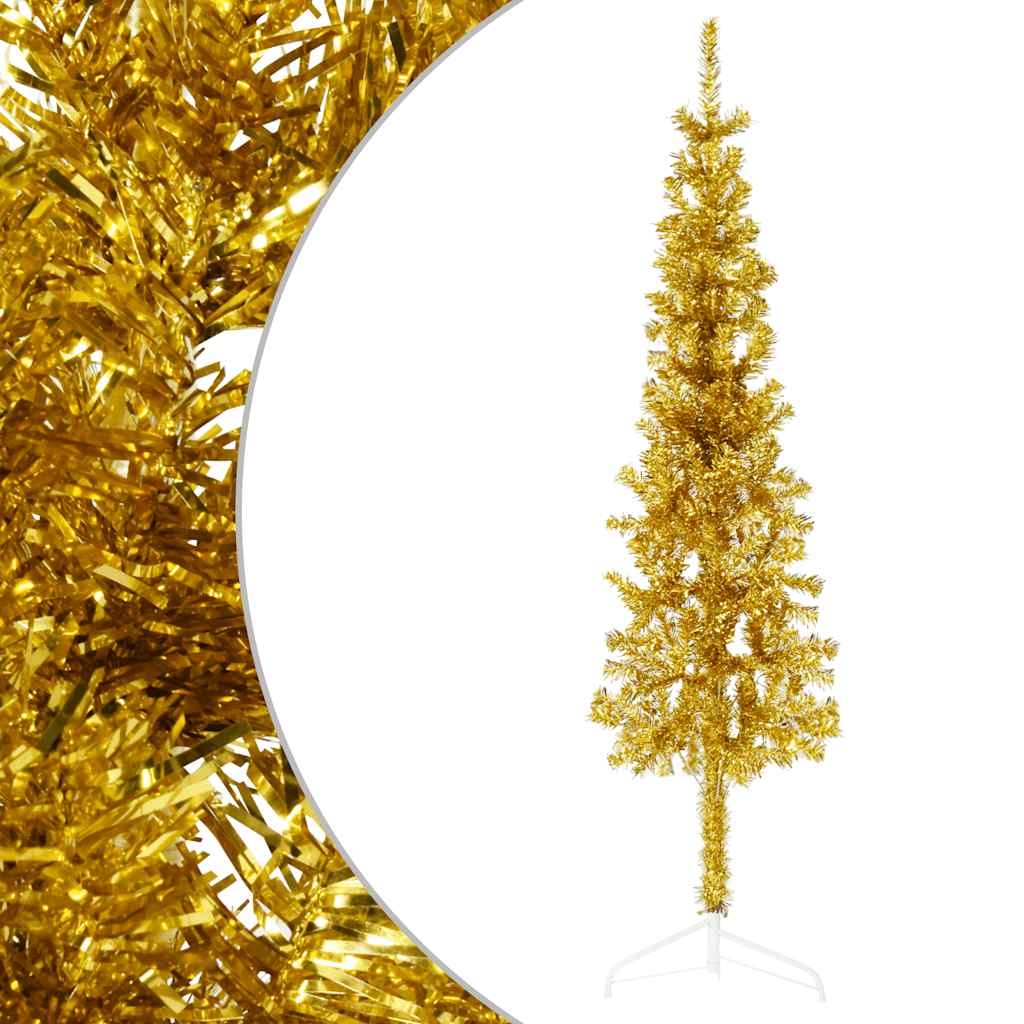 Albero Natale Artificiale Sottile a MetÃ  con Supporto Oro 120cm