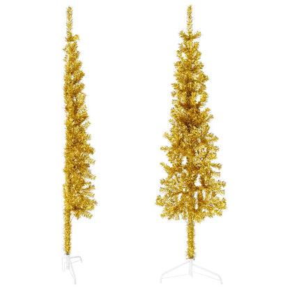 Albero Natale Artificiale Sottile a MetÃ  con Supporto Oro 120cm