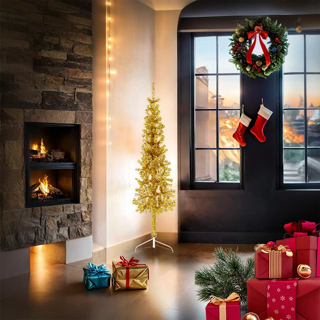 Albero Natale Artificiale Sottile a MetÃ  con Supporto Oro 150cm