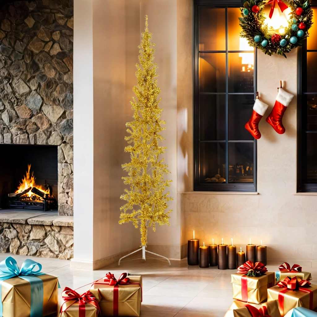 Albero Natale Artificiale Sottile a MetÃ  con Supporto Oro 180cm