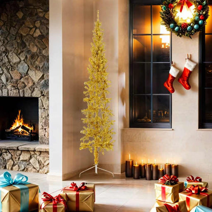 Albero Natale Artificiale Sottile a MetÃ  con Supporto Oro 180cm