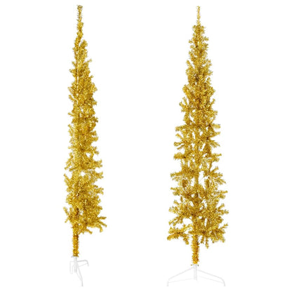 Albero Natale Artificiale Sottile a MetÃ  con Supporto Oro 180cm